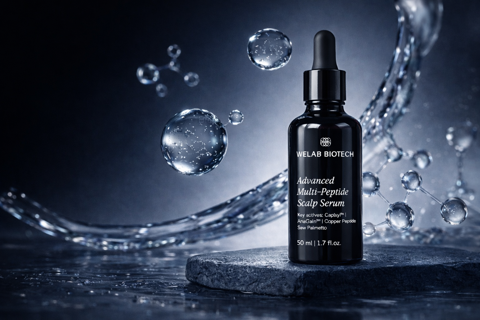 Black bottle of Welab Biotech Advanced Multi-Peptide Scalp Serum with water droplets on a dark background