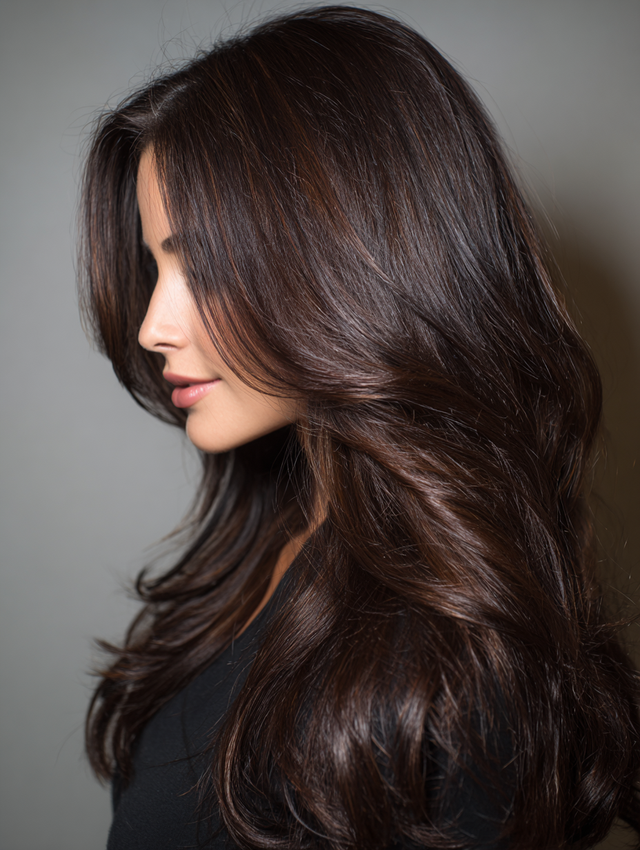 Woman with long, dark brown hair against a neutral background