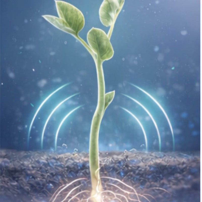 Illustration of a sprouting plant with roots emerging from the ground against a blue background.