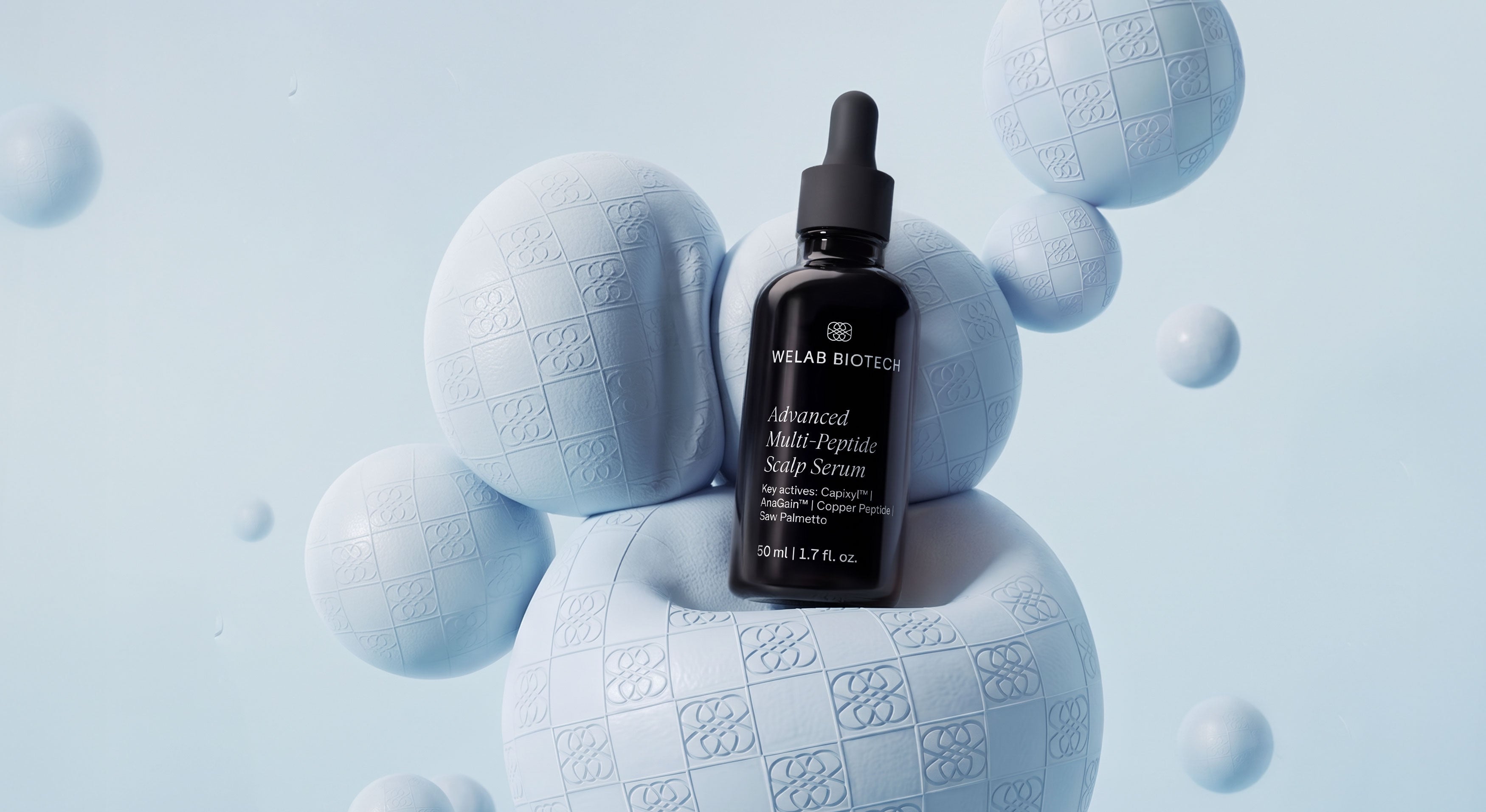 WELAB BIOTECH multi-peptide scalp serum surrounded by translucent blue bubbles