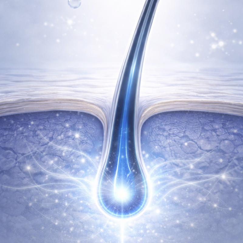 Close-up of a droplet falling onto a textured surface with a light blue gradient background.