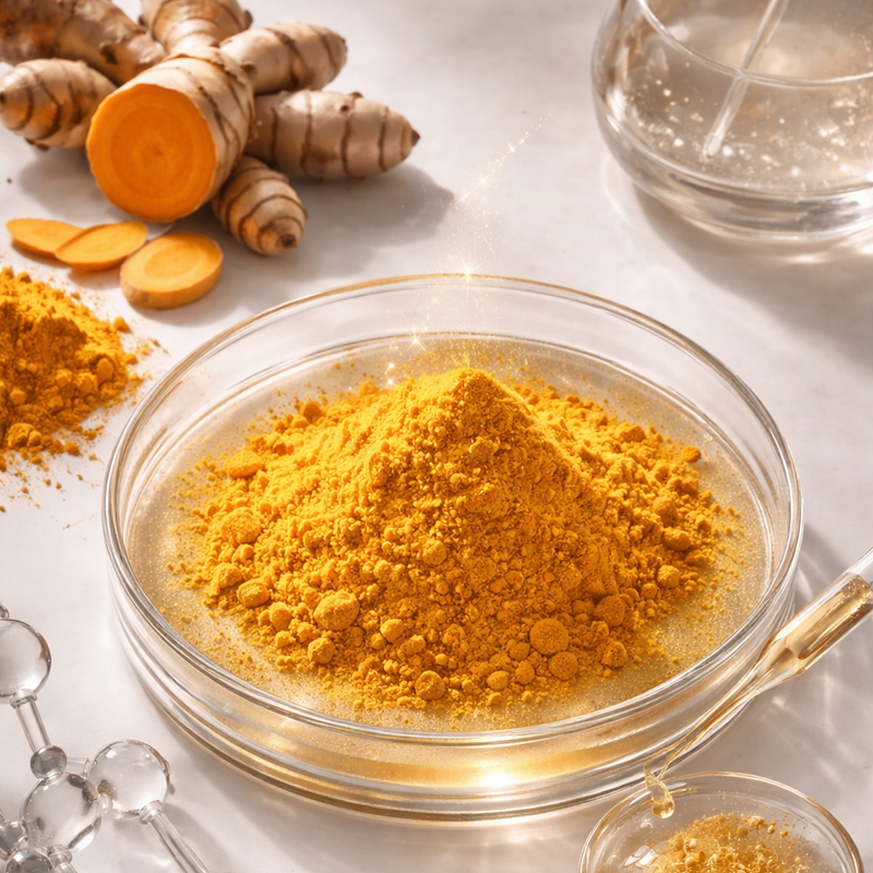 Turmeric powder in a glass bowl with turmeric roots and a glass container in the background.